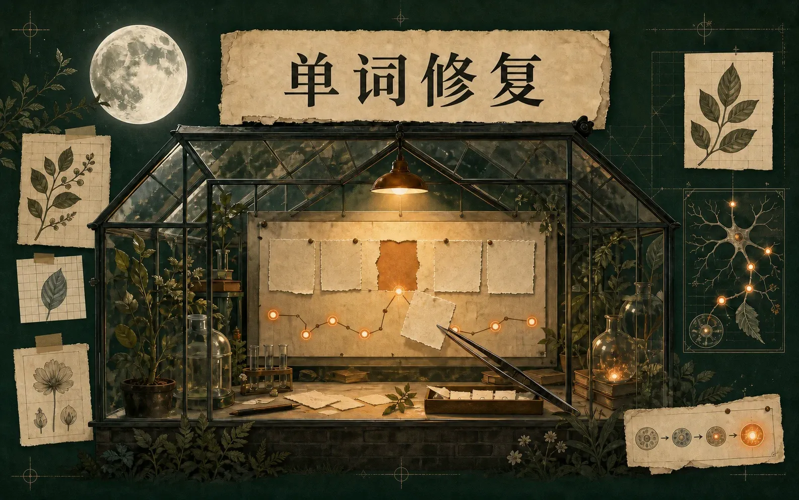 月光修复温室作品图：缺失的字母在月光温室里重新归位，记忆能量随之亮起。