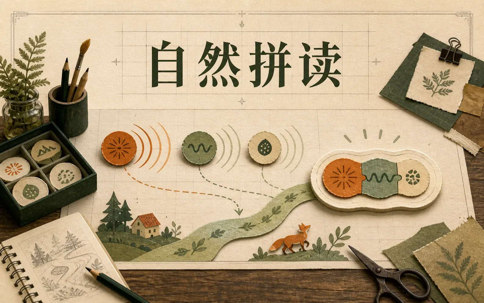 自然拼读作品图：字母音沿着故事轨迹汇成可以听、拆和拼的词。