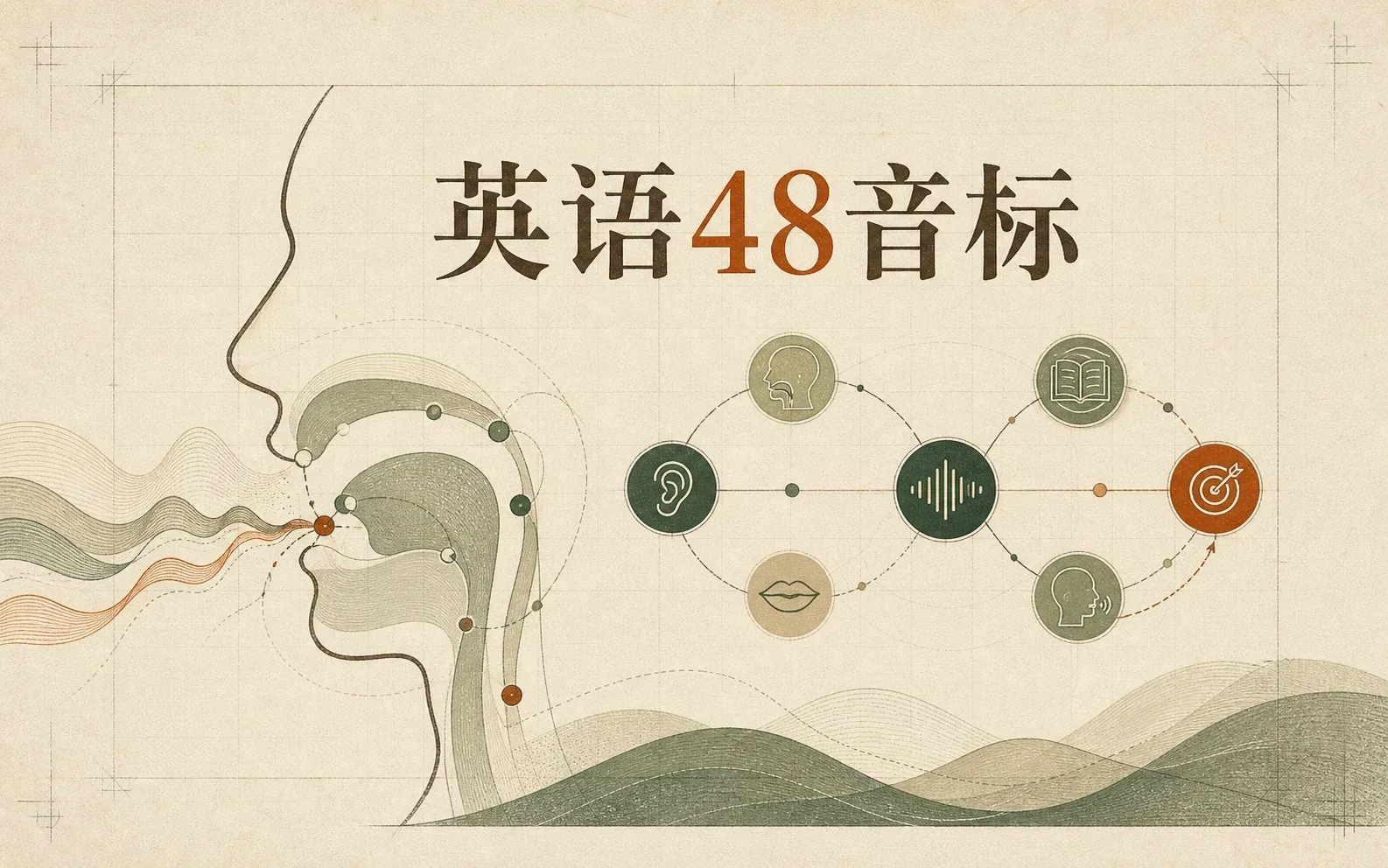 英语 48 音标作品图:音标符号、发音轨迹与学习节点连成一张声音地图。